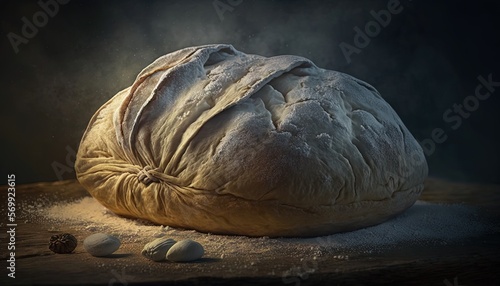  a loaf of bread sitting on top of a wooden table next to garlic and garlic flakes on a wooden table top with a dark background. generative ai