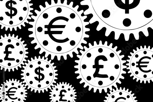 Vector concept, money makes the world go round. A gear mechanism with dollar, euro and pound sterling currency signs	