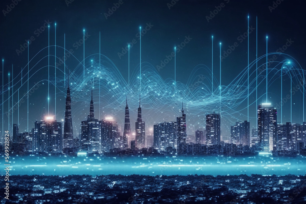 Smart city and big data connection technology concept with digital blue wavy wires with antennas on night megapolis city skyline background