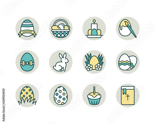 Easter flat line icons set. Contains such icons as Colored egg, bunny, basket, cake and chick. Simple flat vector illustration for web site or mobile app