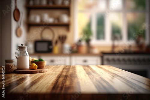 Wooden kitchen table top for product display with blurry background Made With Generative AI