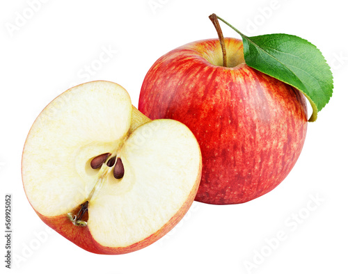 Ripe red apple fruit with apple half and green leaf isolated on transparent background.