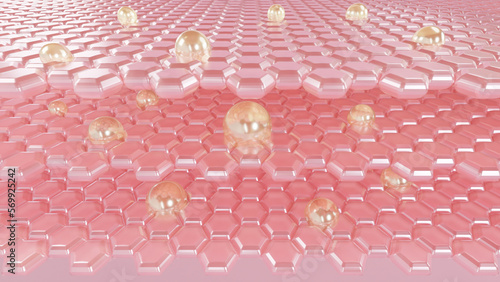 Cosmetic 3D bubble design on background. Serum through the skin and reduce up saggy skin of the skin cell. moisturizer for lighting Brighter skin tone replaced the dark. Anti-freckle serum