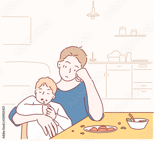 exhausted young dad sitting with his kid on kitchen on early morning and trying to feed. Hand drawn style vector design illustrations.