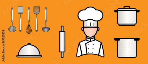 Chef icon set. Collection of cooking kitchen utensils. Clip art Vector illustration