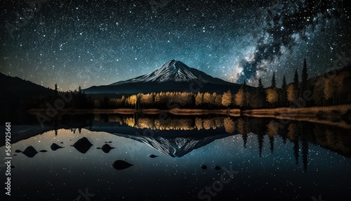  a mountain with a lake below it under a night sky filled with stars and the milky in the distance with a reflection in the water. generative ai