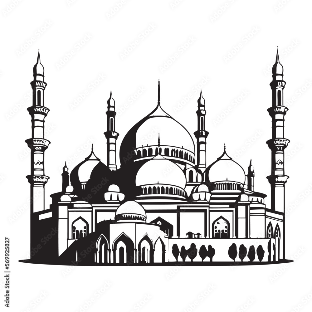 Beautiful Mosque Vector outline Sketch drawing. Silhouette, icon, logo of mosque.