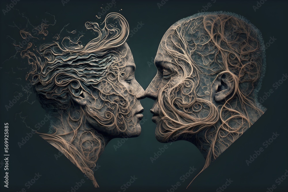 Fototapeta Illustration of a couple kissing and a heart in a background, a valentines day concept. Generative AI.