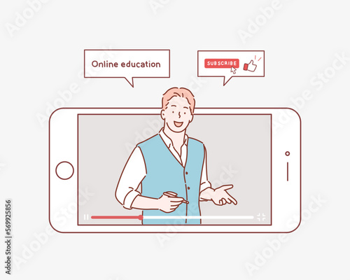 Vector illustration of online education. Concept of video blogging. The guy is in his video blog on the phone screen.  Hand drawn style vector design illustrations.