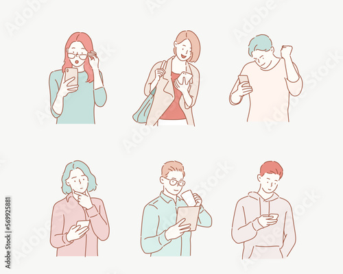 People are looking at their cell phones. Hand drawn style vector design illustrations.