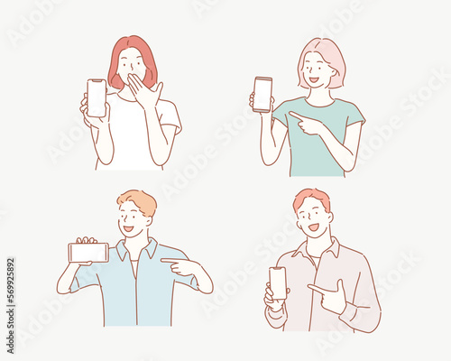 People are pointing on smartphone. Hand drawn style vector design illustrations.