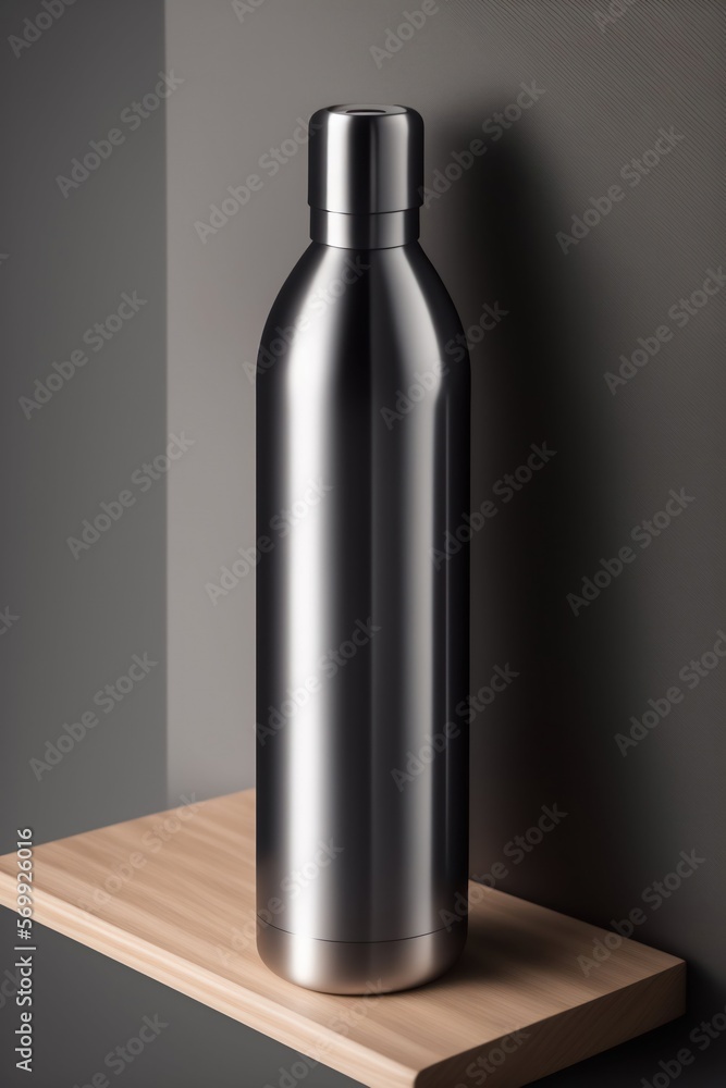 Une bouteille en aluminium moderne et design sur un sicle en bois - generative AI