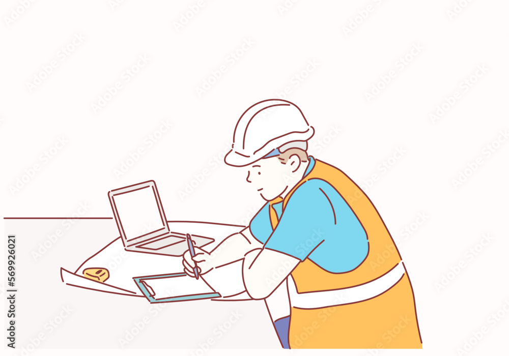 Architect working on drawing table in office. Hand drawn style vector design illustrations.