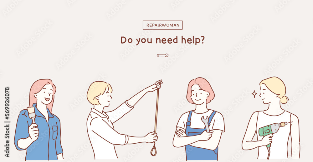 Repairwoman set. Hand drawn style vector design illustrations. Repairwoman set. Hand drawn style vector design illustrations.