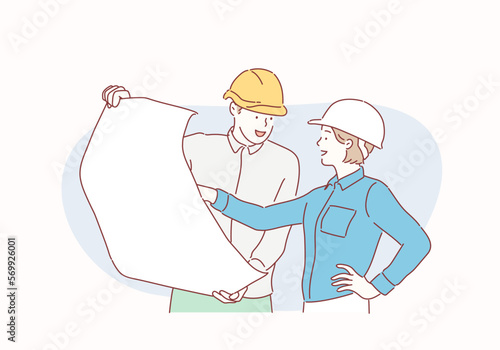 Engineers team watching and checking details on a construction site. Hand drawn style vector design illustrations.