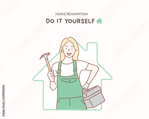 Woman with repair tools in hand. Hand drawn style vector design illustrations.
