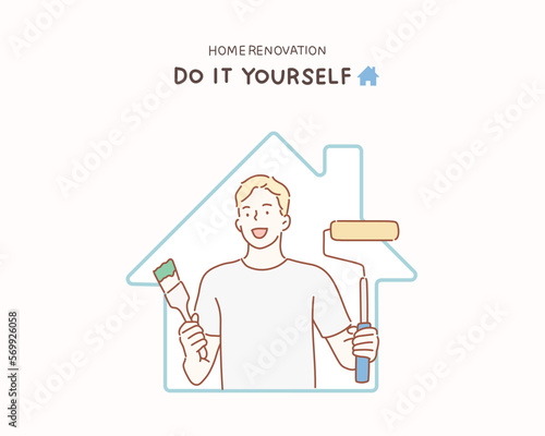 Happy man paint wall at home. Hand drawn style vector design illustrations.