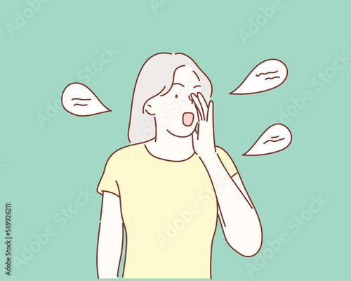 Woman talking rumors or whispering, holding hand near mouth. Hand drawn style vector design illustrations.