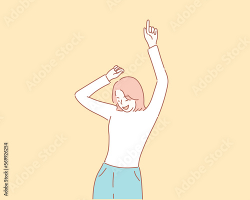 Girl dancing in front of a yellow wall. Hand drawn style vector design illustrations.