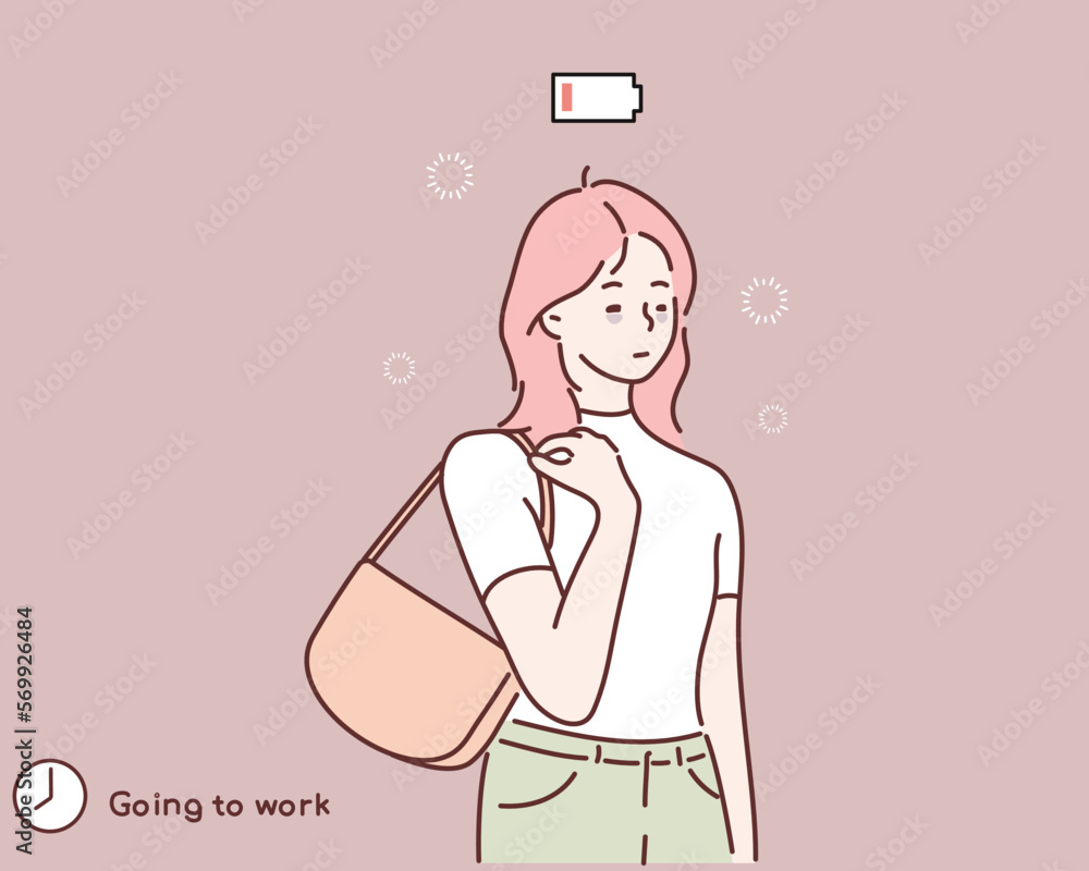 Businesswoman feeling tired and low power battery. Hand drawn style vector design illustrations. Businesswoman feeling tired and low power battery. Hand drawn style vector design illustrations.