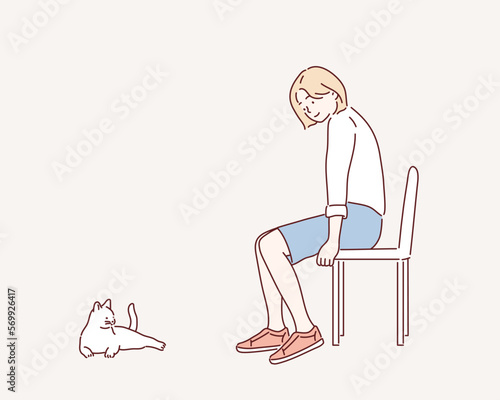 Young woman with cute cat at home. Pet and owner. Hand drawn style vector design illustrations.