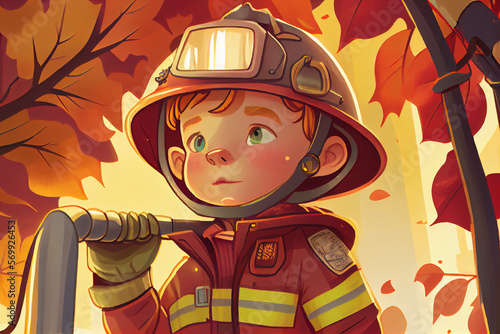 Cute child - firefighter, fireman. Illustration for a children's magazine or book about different professions of people. © serperm73