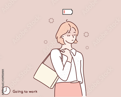 Businesswoman feeling tired and low power battery. Hand drawn style vector design illustrations.