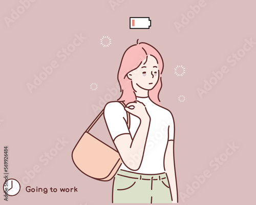 Businesswoman feeling tired and low power battery. Hand drawn style vector design illustrations.