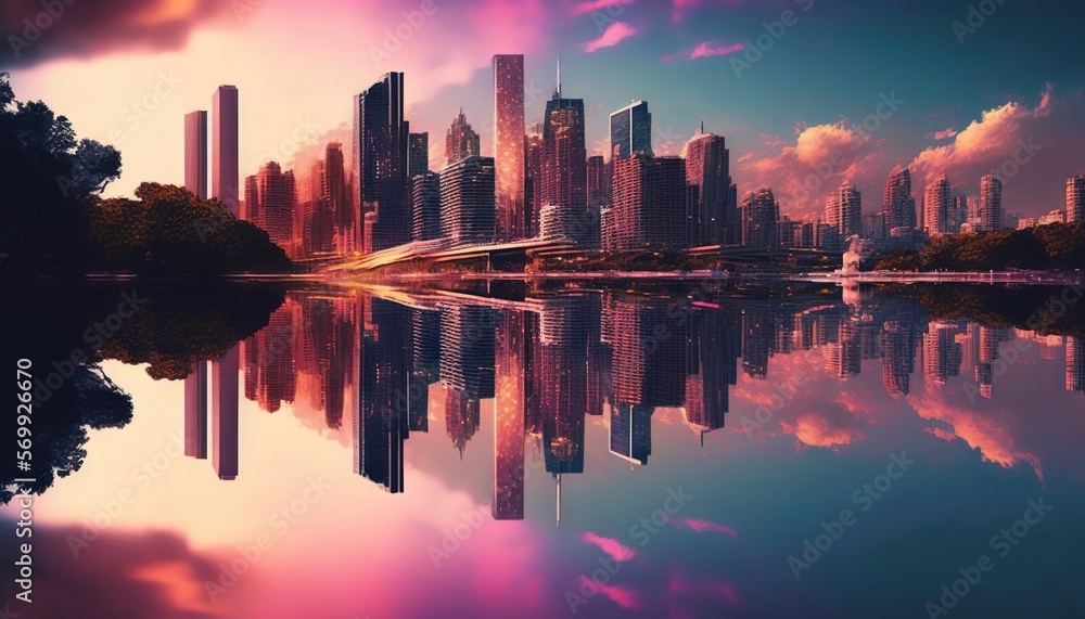  a city skyline is reflected in the water of a lake at sunset or sunrise with a pink and blue sky reflected in the water of the city.  generative ai