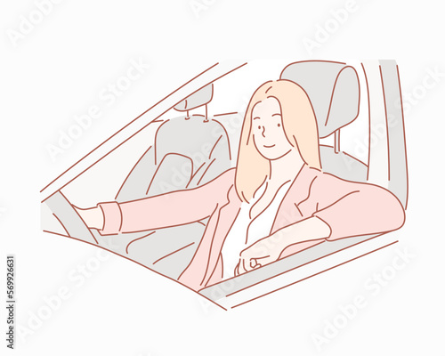 Attractive young girl driver in new car. Hand drawn style vector design illustrations.