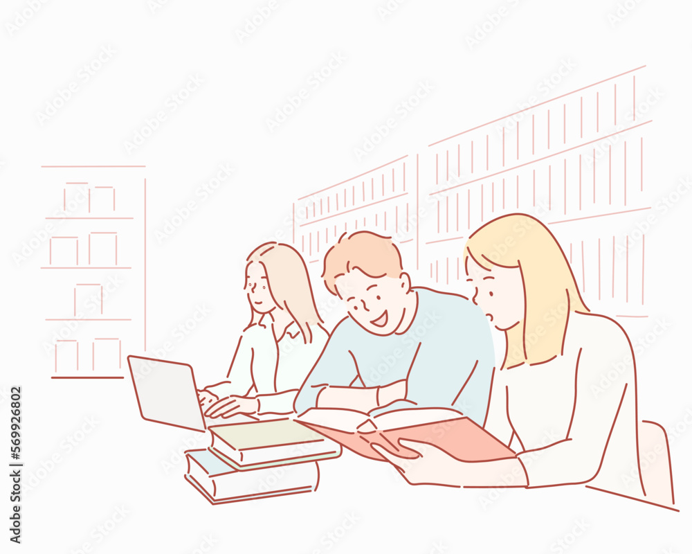 People studying together. Hand drawn style vector design illustrations. People studying together. Hand drawn style vector design illustrations.