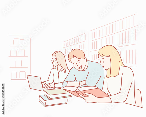 People studying together. Hand drawn style vector design illustrations.