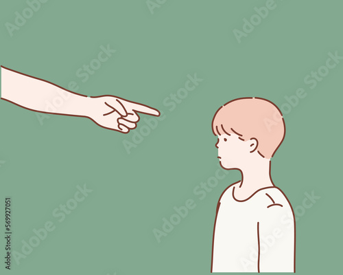 Fingers pointing on the sad young boy. Hand drawn style vector design illustrations.