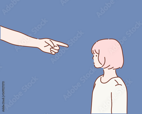 Fingers pointing on the sad young girl. Hand drawn style vector design illustrations.