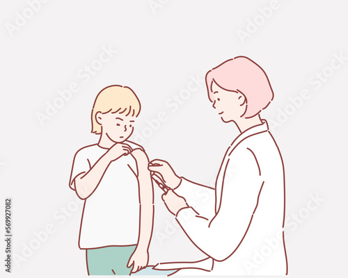 Brave young girl receiving an injection. Hand drawn style vector design illustrations.