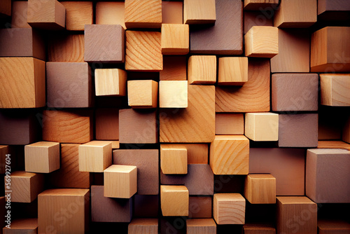 Pattern from wooden blocks of cubes. Wooden background.