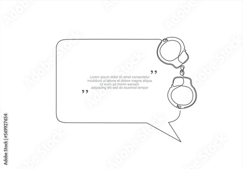 Continuous one line drawing of Handcuffs and speech bubble. Trendy line art vector on a white background. Vector illustration.