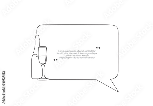 Continuous one line drawing of bottle of champagne with a wine glass and speech bubble. Trendy line art vector on a white background. Vector illustration.
