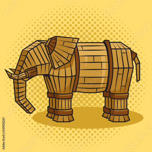 wooden elephant as Trojan horse pinup pop art retro vector illustration. Comic book style imitation.