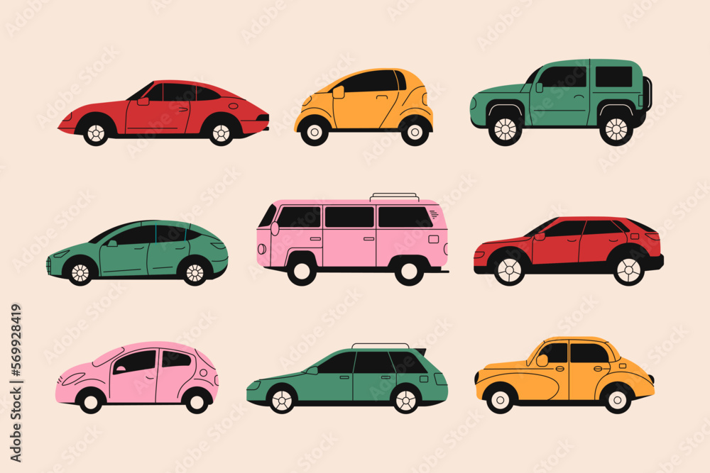 Cartoon cars. Doodle vehicles flat style, various automobile types suv sedan smart pickup hatchback van. Vector set