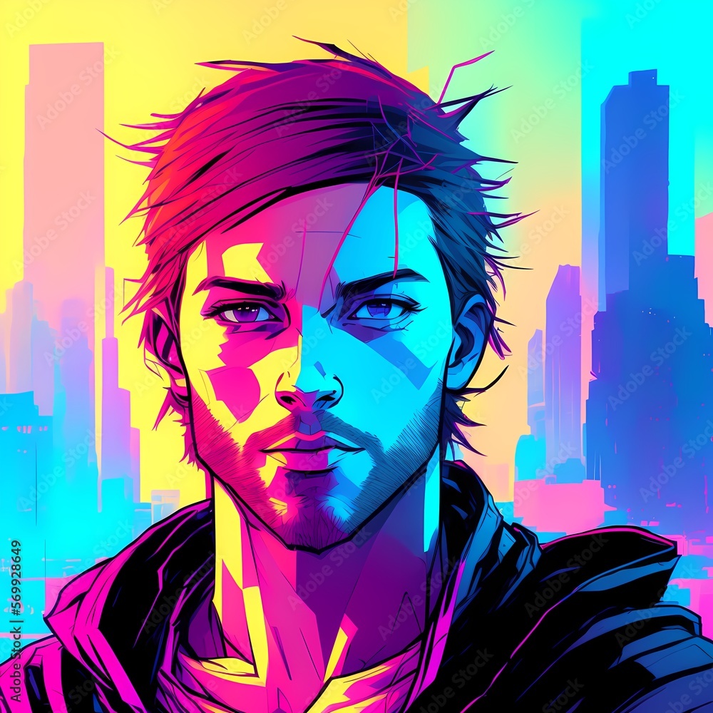 beautiful man against the background of the lights of the night city. AI beautiful man against the background of the lights of the night city. AI
