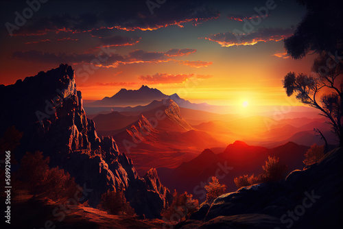 Mountain landscape at sunset. Generative AI © Rade11 Photography