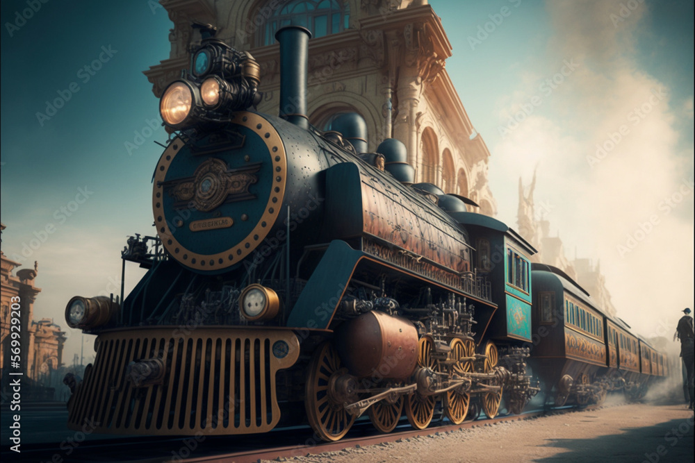 Naklejka premium steampunk train background in a steampunk style, generative ai,