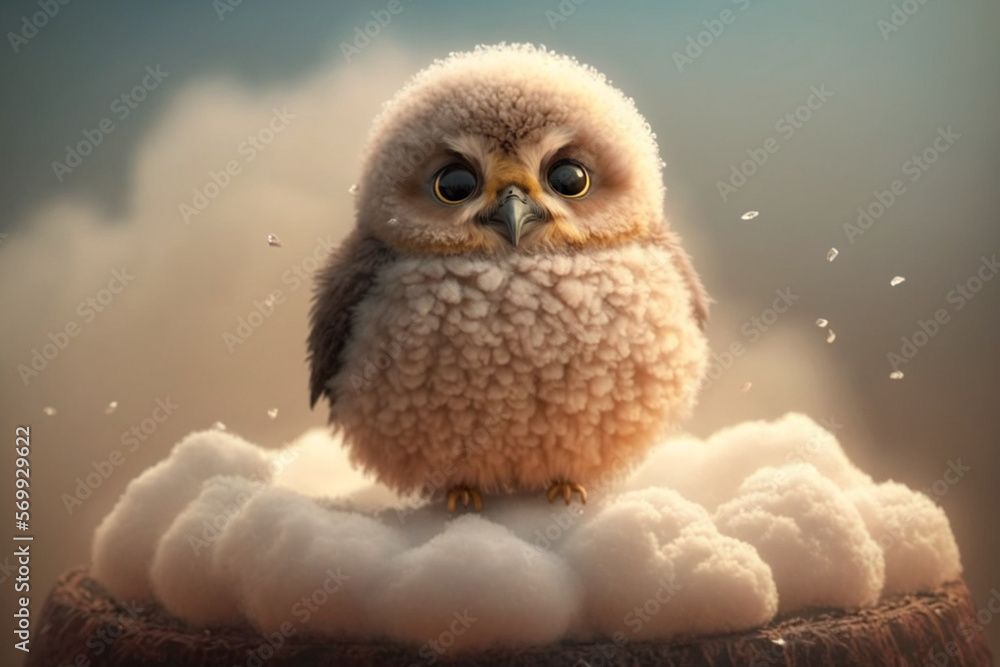 Obraz premium funny fluffy owl chick looks dreamy