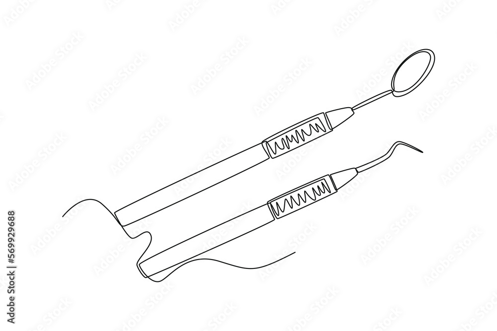 Continuous one line drawing Dental tools. Dental health concept. Single line draw design vector graphic illustration. Continuous one line drawing Dental tools. Dental health concept. Single line draw design vector graphic illustration.