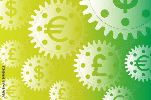 Vector concept, money makes the world go round. A gear mechanism with dollar, euro and pound sterling currency signs	
