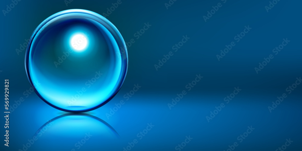 Abstract illustration with sphere with glare and reflection on blue background