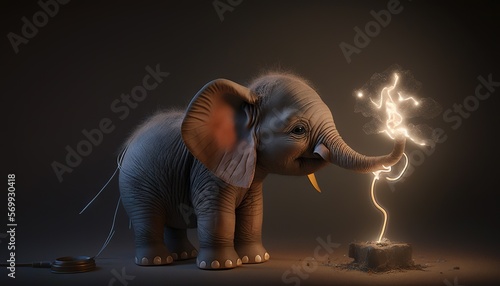  a small elephant standing next to a small tree with a light on it's trunk and its trunk sticking out of it's trunk. generative ai