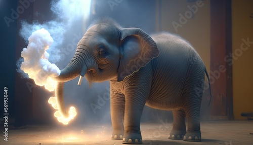  a small elephant is standing in a room with smoke coming out of its trunk and its trunk is in the air and its trunk is in the air.  generative ai