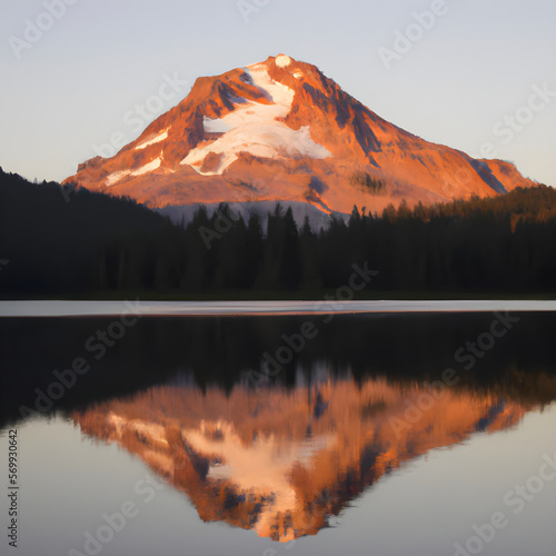 Mountain landscape in morning light with reflection in calm waters of the lake. AI-Generated Beautiful Scenery © Aman